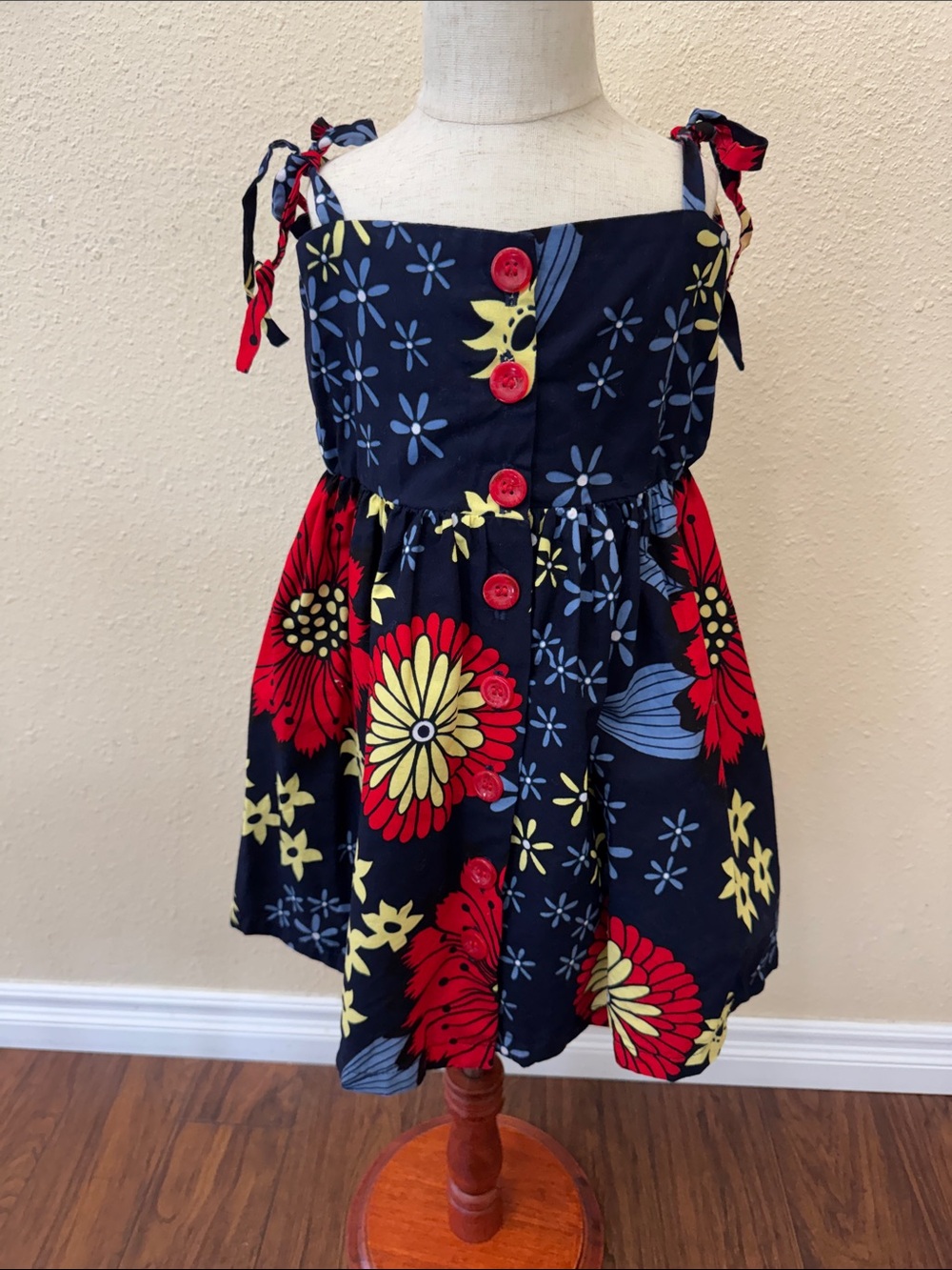 Elisamama Girls Navy Floral Sundress Button Front with Tie Straps Size 4-5Y